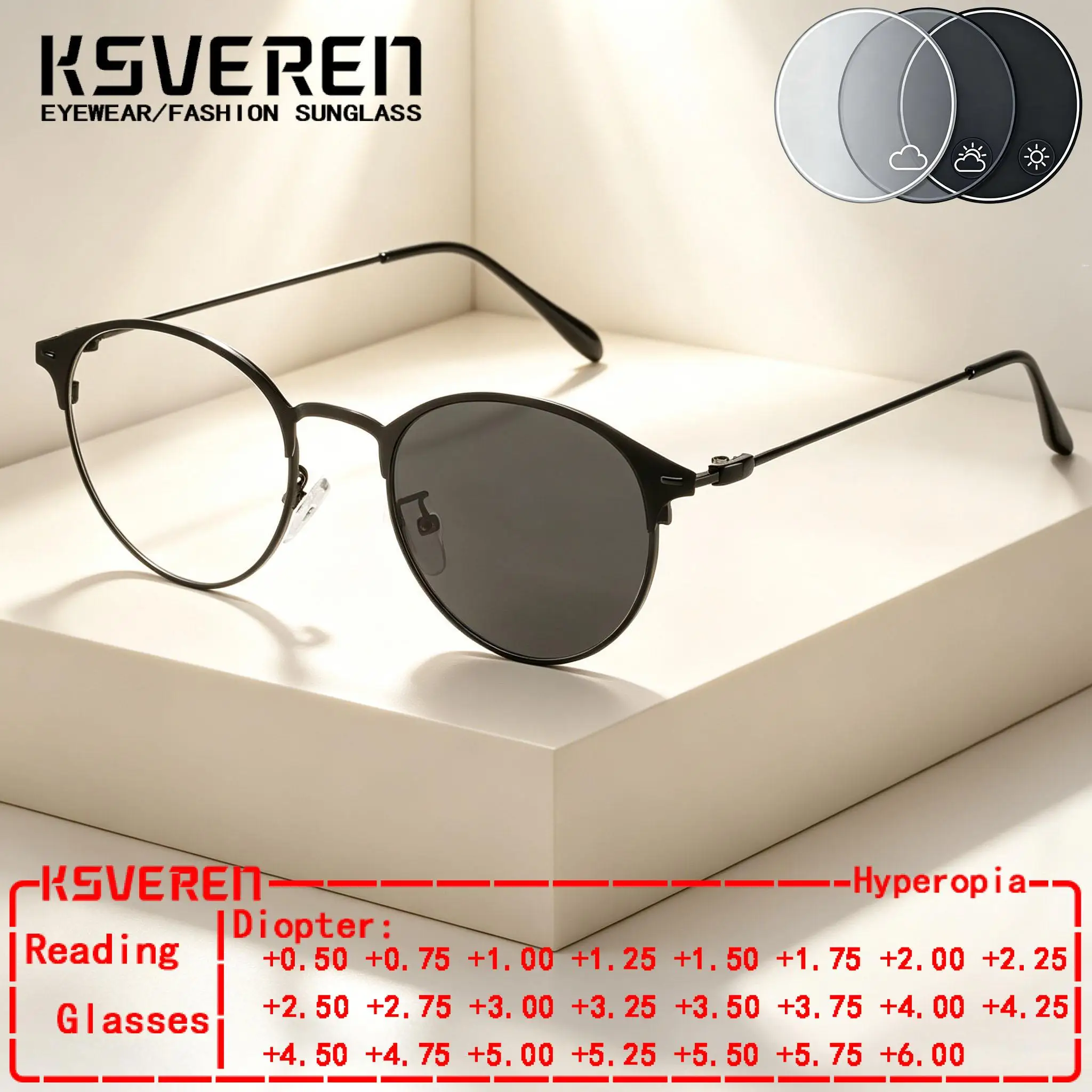 Metall-Rundbrille mit photochromen Gläsern für Damen und Herren, Farbwechselnde Lesebrille mit Einzelfokus für Alterssichtigkeit, Anpassbare Gläser