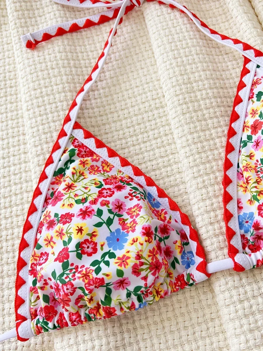 Bikini Triangular con Estampado Floral Sexy para Mujer, Traje de Baño Femenino de Dos Piezas, Conjunto de Bikini Brasileño