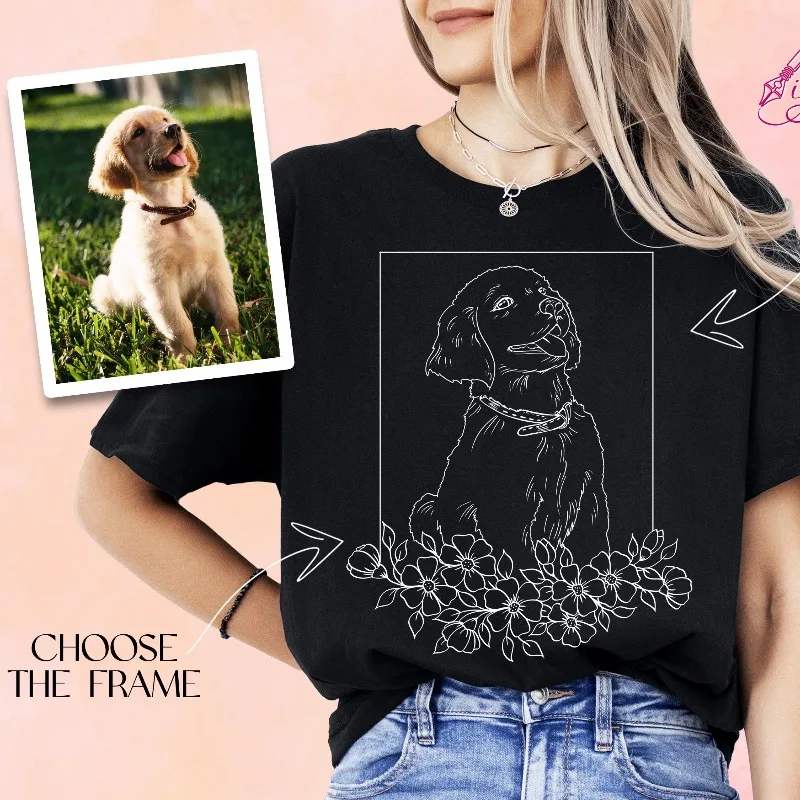 Custom Photo To Pet Dog Sketch Line Art T‑Shirt Personalized Pet Portrait With Floral Border Customized Souvenir Gift Casual