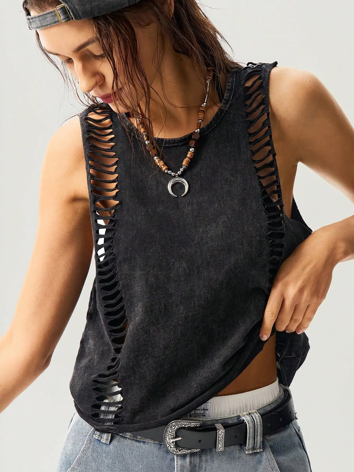 

Distressed Cut-Out Sleeveless Crop Tank Top for Women