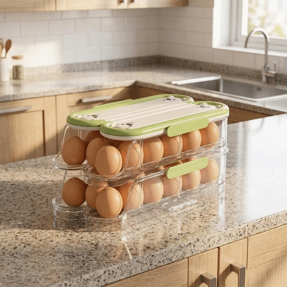 Food Grade Automatic Rolling Egg Container Large Capacity Transparent Egg Storage Box with Lid Stackable Egg Organizer