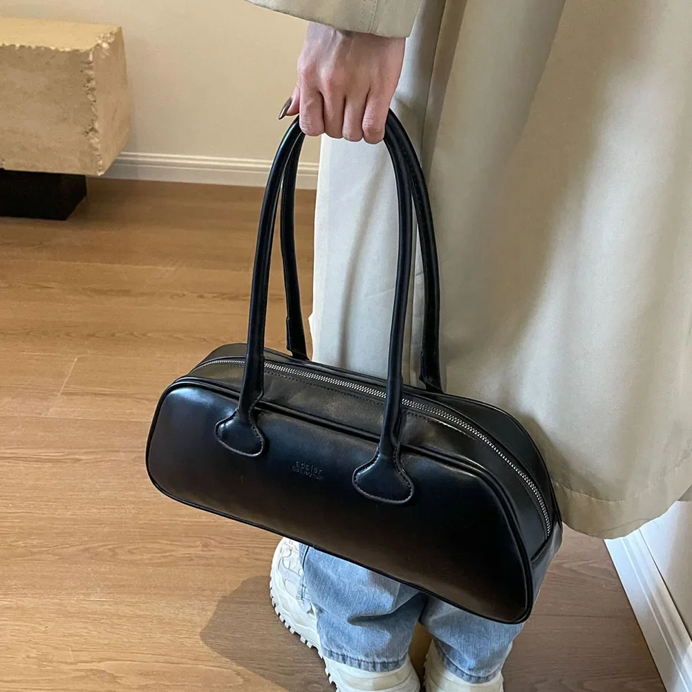 

Retro Shoulder Bag PU Leather Women Boston Handbag Solid Color Simple Commute Armpit Purse High Quality Underarm Bag Ladies Tote