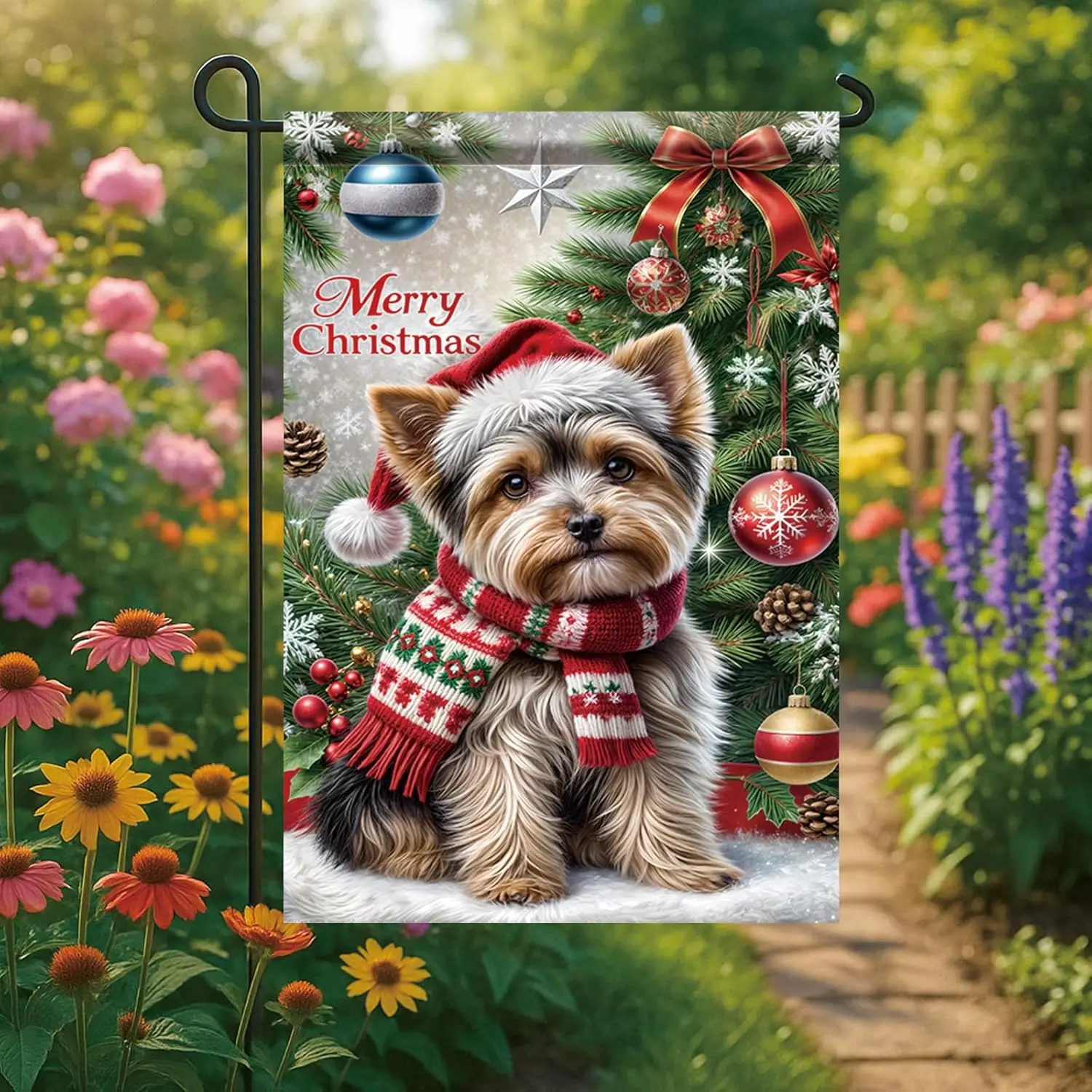 عيد الميلاد حديقة العلم يوركشاير جحر الكلب العلم عيد الميلاد عطلة ديكورات للباحة 12x18 بوصة مزدوجة الوجهين في الهواء الطلق الشتاء راية HZZ