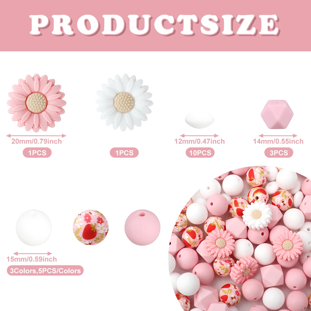 30Pcs 15mm Silicone Beads Set Printable Beads Daisy Flower Focal Beads for Pen Making Jewelry DIY Bracelets Accessory Decoration