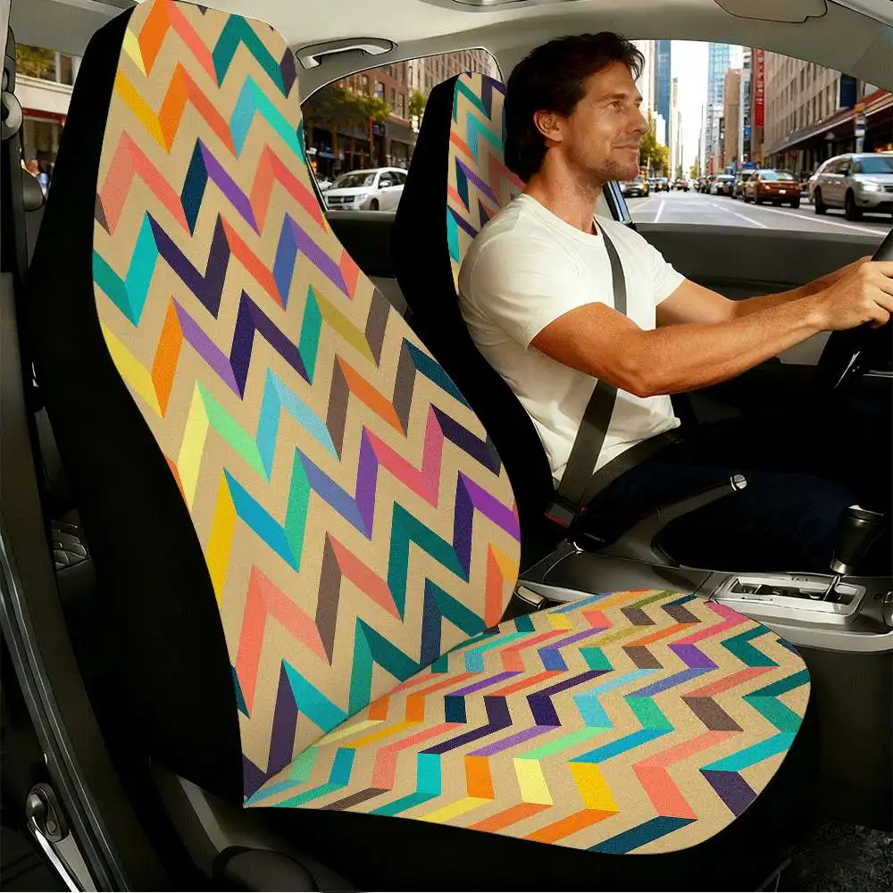 2pcs Colorful Chevron Pattern Car Seat Covers Suitable For Front Seats, High Back Design, Material, Suitable For Cars, SUVs And