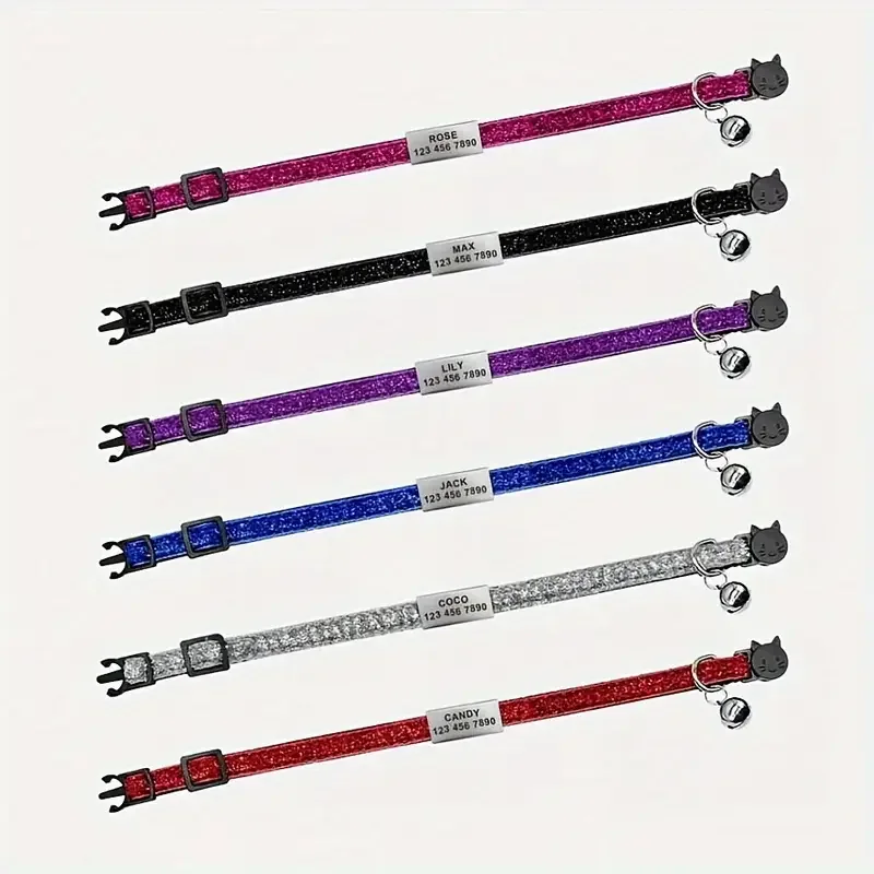 Glitzerndes Katzen-Sicherheitsschnallenhalsband, verstellbar, individuell, personalisierbar, Ausweis, kostenlose Gravur, Nylon-Welpen-Kätzchen-Halskette – Detail 9