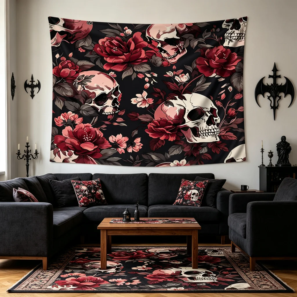 1PC Skull Red Rose Art Print Backdrop Banner, Bedroom Living Room Photo Background, Polyester, Home Decor, Wall Art