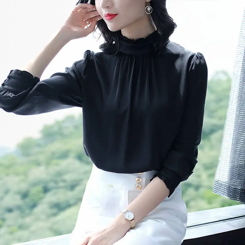 Korean Stand Collar Folds Beading Solid Color Chiffon Shirt Oversized Ruffles Temperament Office Lady Long Sleeve Blouse Women