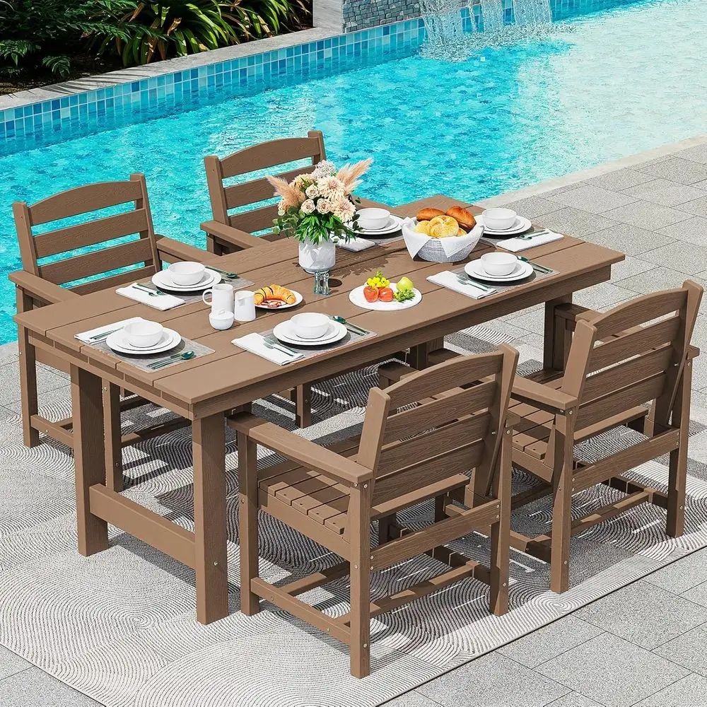 

5-Piece Outdoor HDPE Patio Dining Set with Umbrella Hole and 4 Chairs, Weather-Resistant for Garden, Backyard, Poolside, Brown