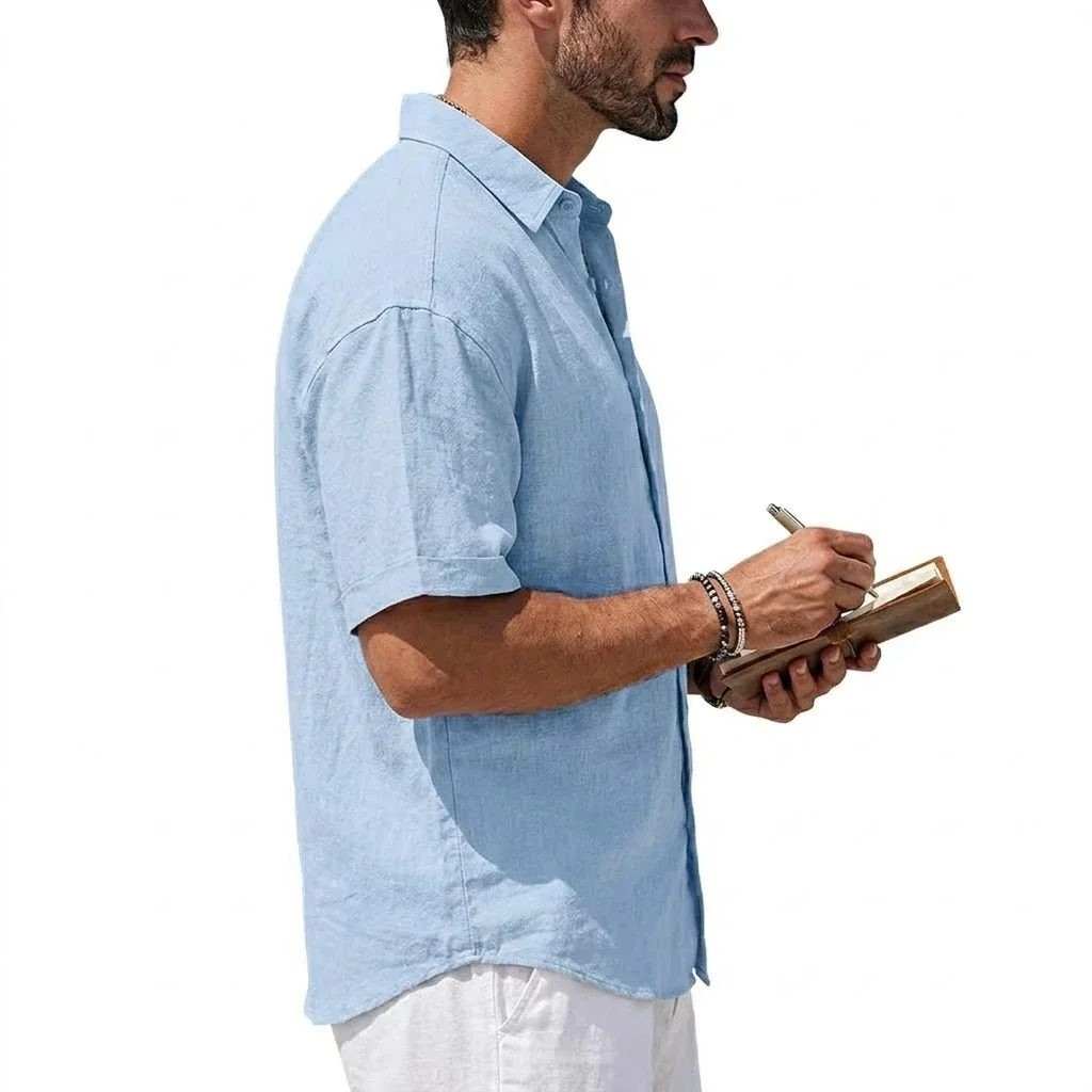 Sommer Kurzarm-Hemden Herren Casual Leinen T-Shirts Baumwoll-Hemden mit Kragen Herren Strand-Hawaiihemd Sommer Fitness T-Shirts – Detail 5
