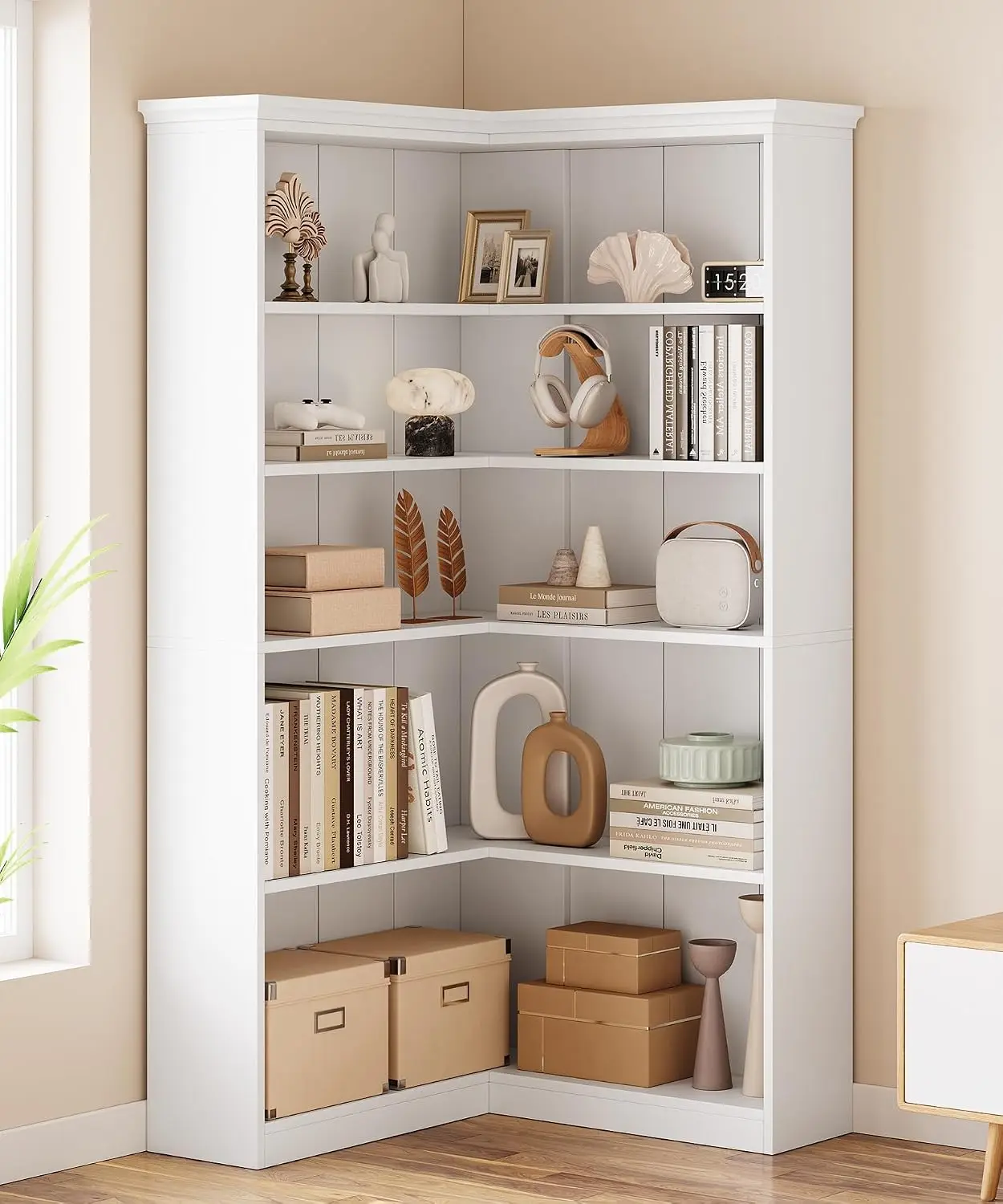 72.8in Farmhouse 5 Tier Wood Corner Bookshelf L Shaped Storage Display Rack Living Room Bedroom White Full Panel, Customized