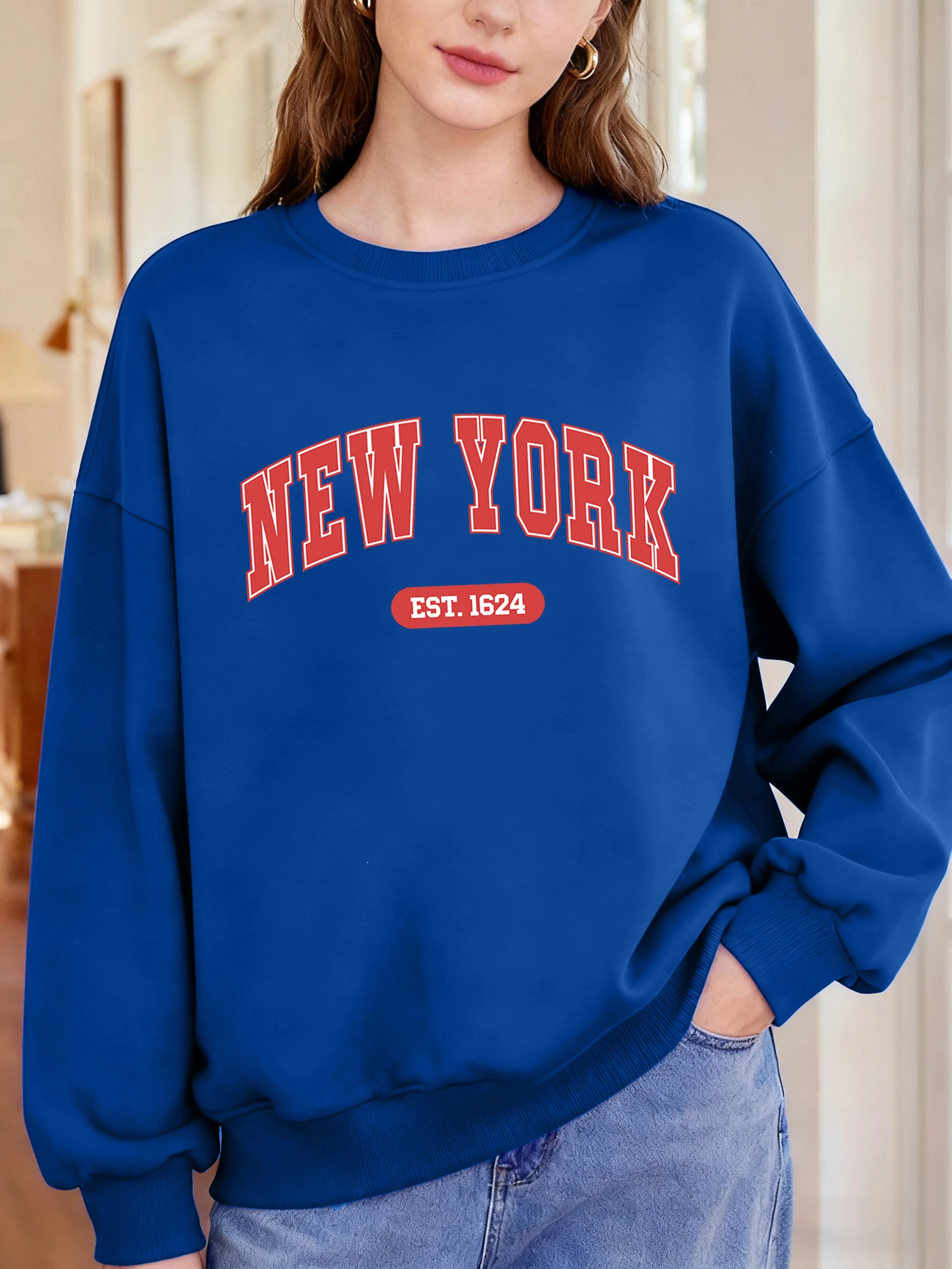 Sudadera con estampado creativo de letras de Nueva York Est 1624 para mujer, Jersey informal Y2K con cuello redondo, ropa de calle de otoño, ropa para correr de gran tamaño