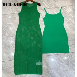 8.29 Women's Elegant Bright Silk Hollow Out Mesh Knit O-Neck Sleeveless Slim Midi Dress With Spaghetti Strap Lining Dress