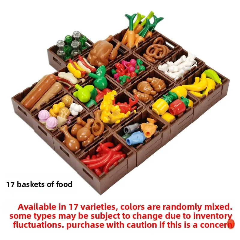 MOCFood – blocs de construction, accessoires, pièces, panier carré avec cadre en bois, Compatible avec petites particules, frites, citrouille, banane