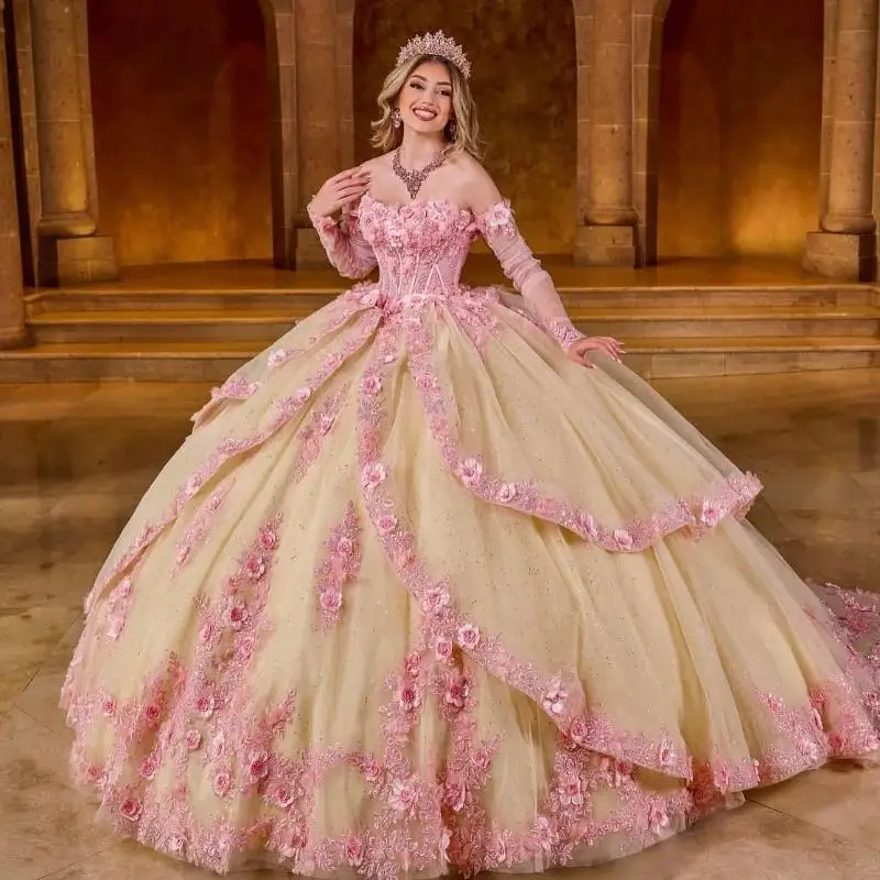 Champagne Shiny Quinceanera Dresses With Pink Lace Appliqued Ball Gown Prom Dress For 16 Year Old Vestidos 15 De XV Anos