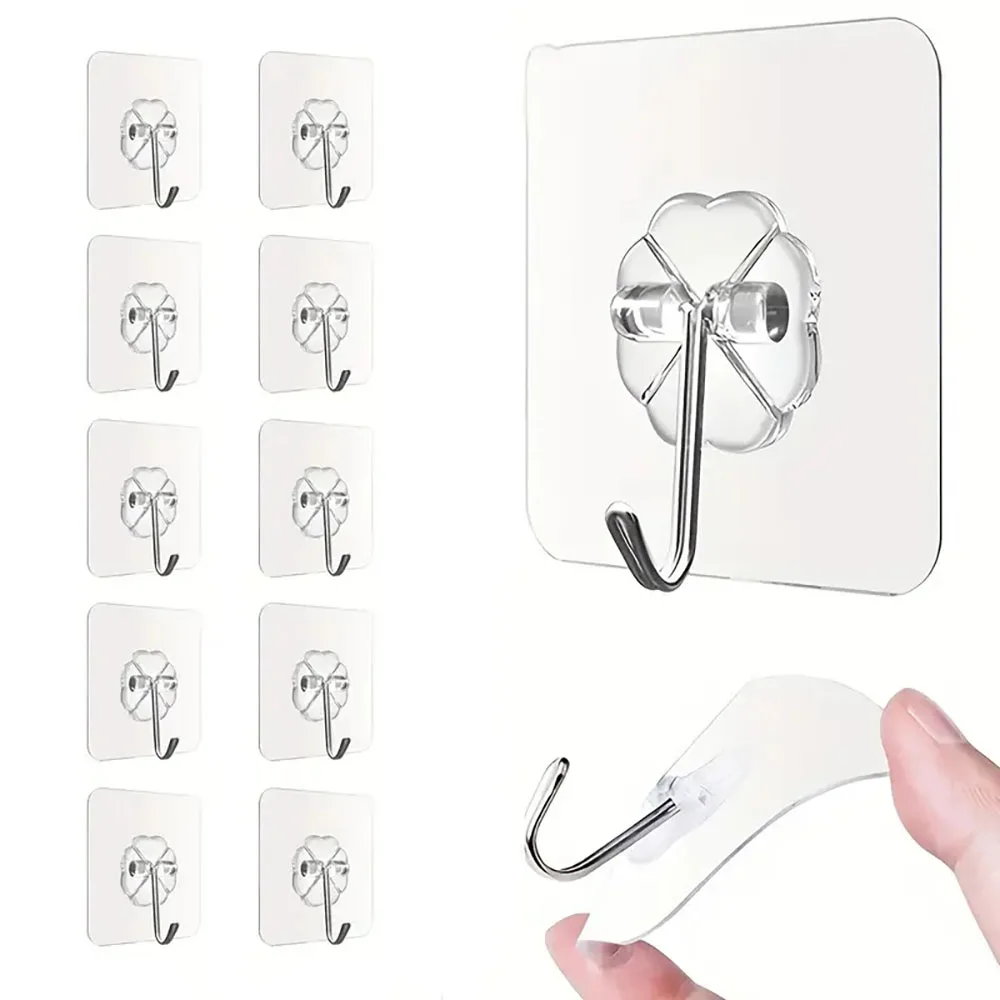 10pcs Transparent Adhesive Hook Non-Slip And Non-Trace Design Bathroom Kitchen Wall Multi-Functional Use