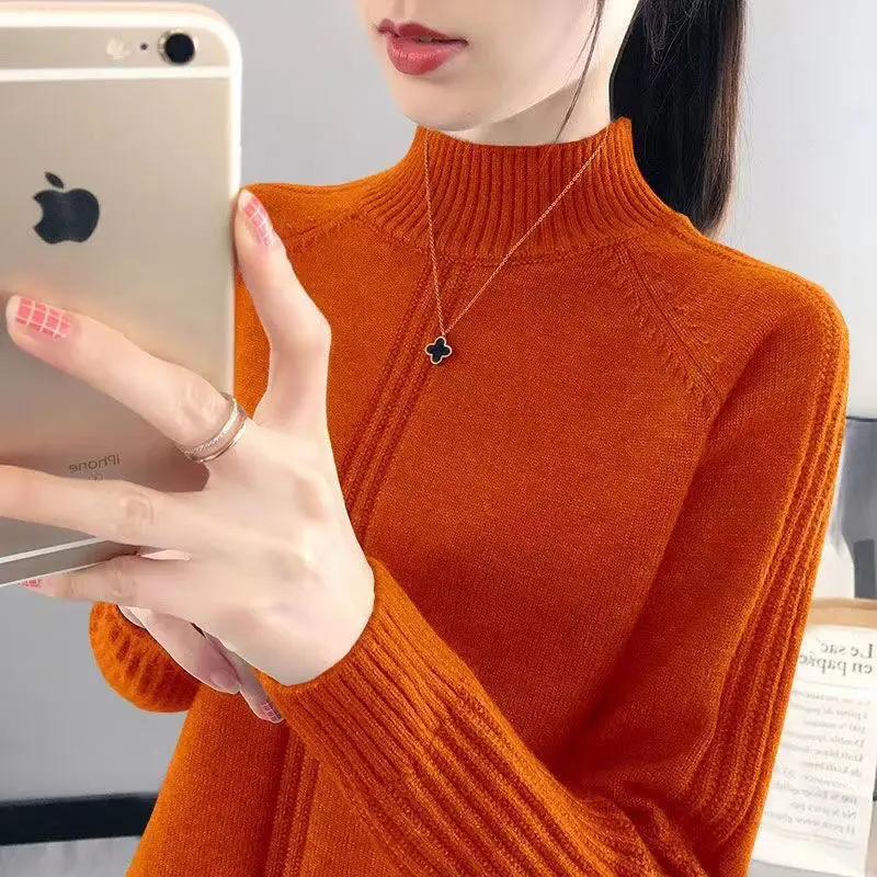 Fashion Solid Color Half High Collar Loose Knitted Sweater Women Clothing 2022 Autumn New Casual Pullovers All-match Warm Tops