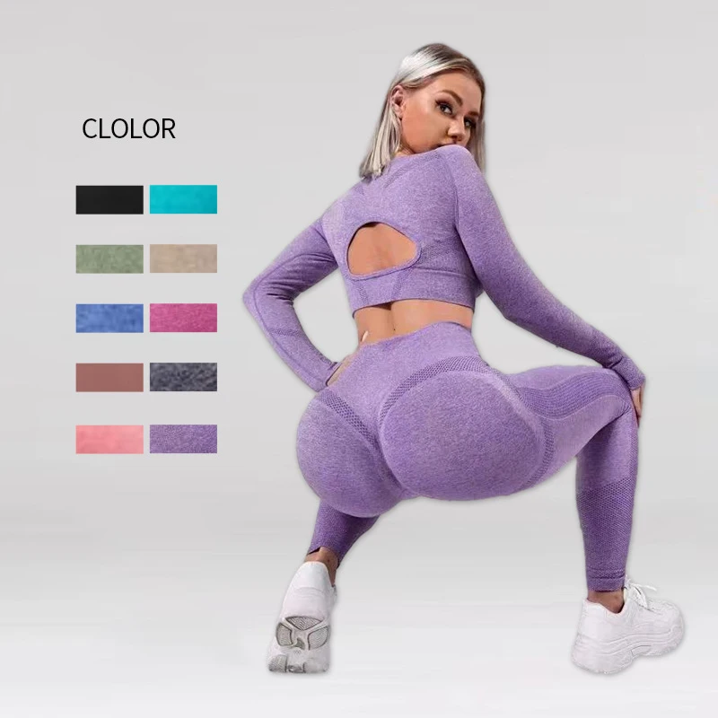 

Yoga Set 2PCS Seamless Women Sportswear Workout Clothes Athletic Wear Gym Legging Fitness Bra Crop Top Long Sleeve Sports Suits