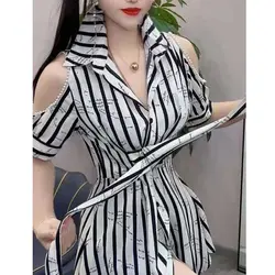 2024 Summer Korean Commute Women's Polo Collar Off Shoulder Striped Beading Printed Bandage Button Irregular Slim A-line Dresses