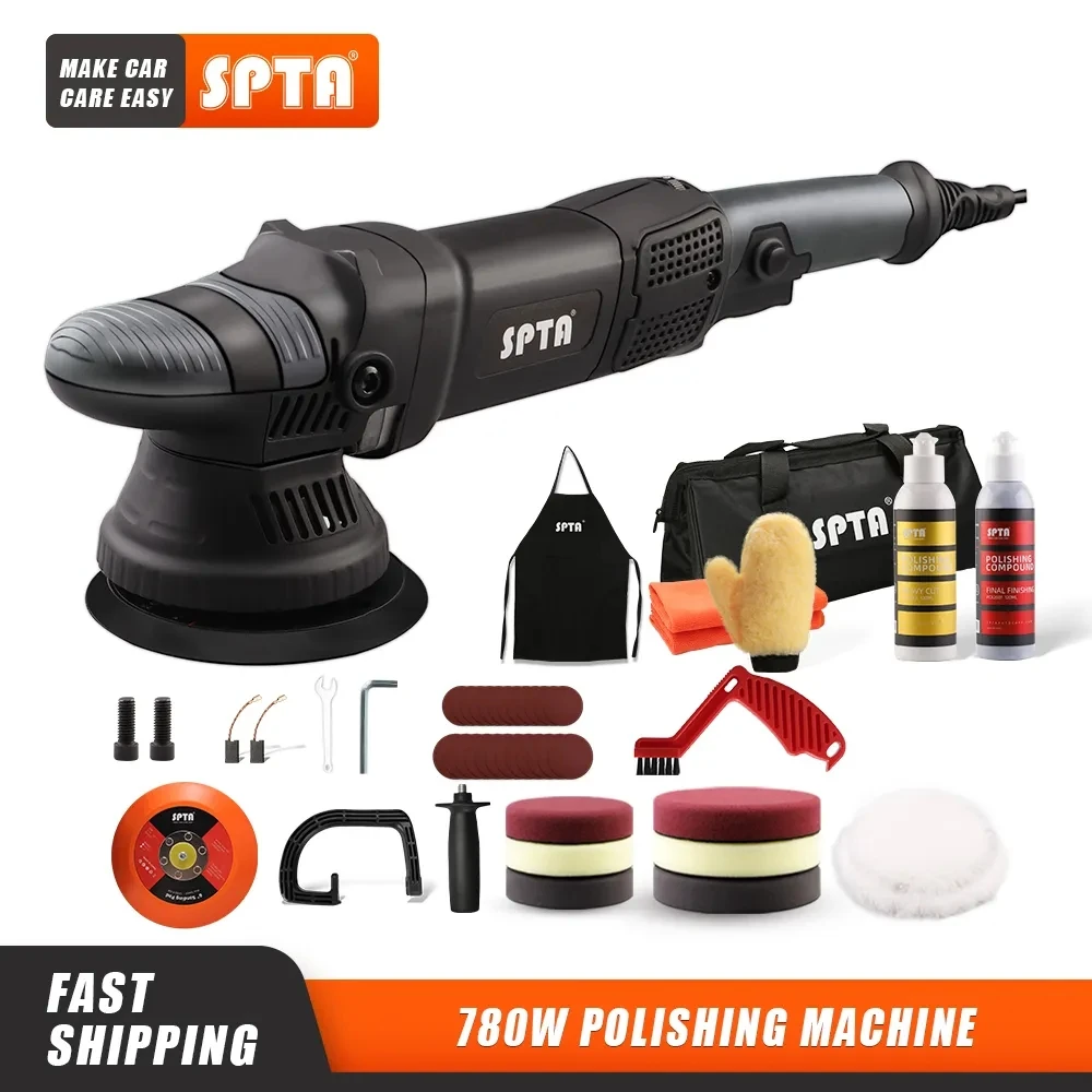 SPTA 5 Inch 780W Dual Action Polisher Variable Speed Auto Buffer with Cleaning Brush Sponge Wool Polishing Pads Set