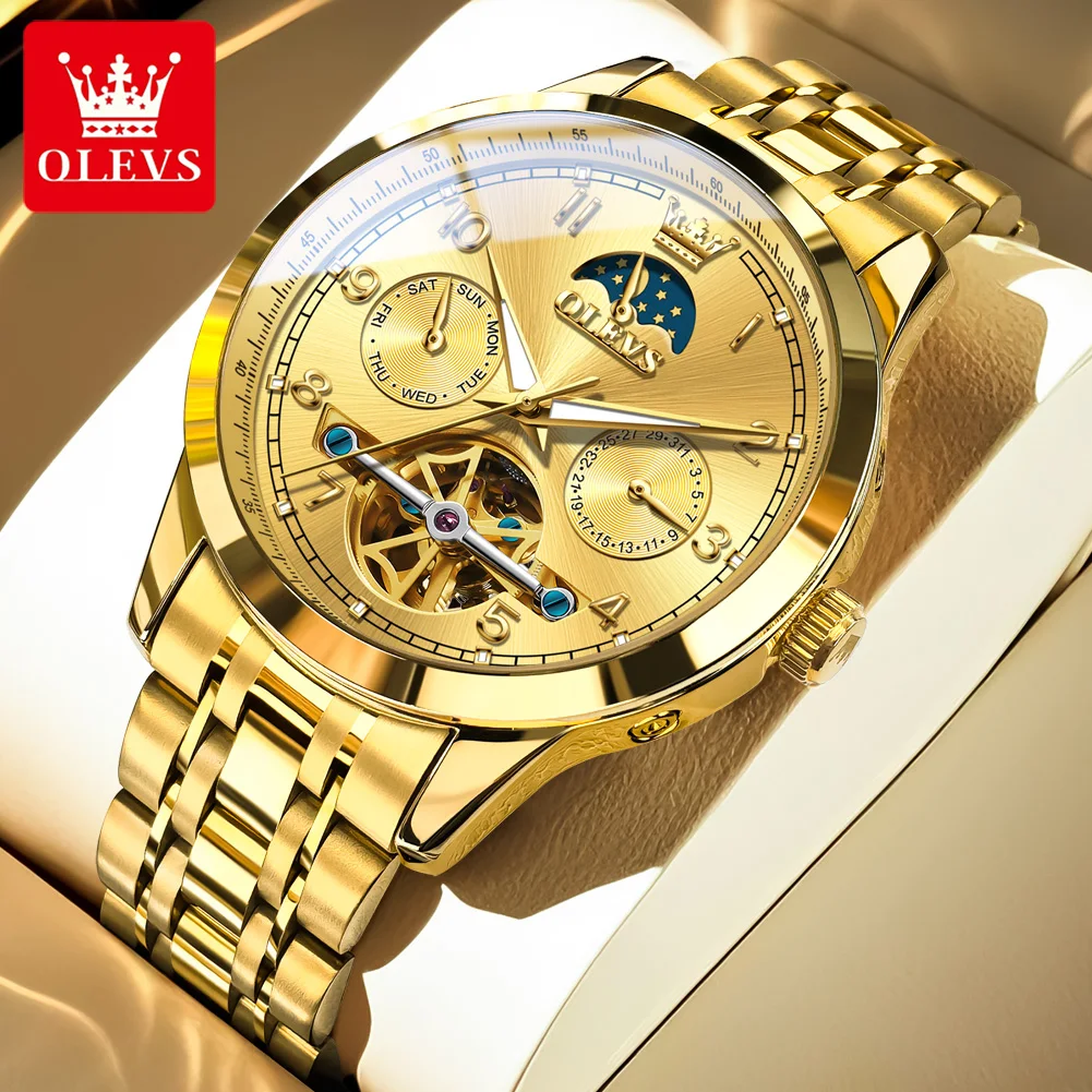 OLEVS Men's Watches Top Brand Luxury Original Automatic Mechanical Wristwatch for Man Moon Phase Date Week Flywheel Waterproof