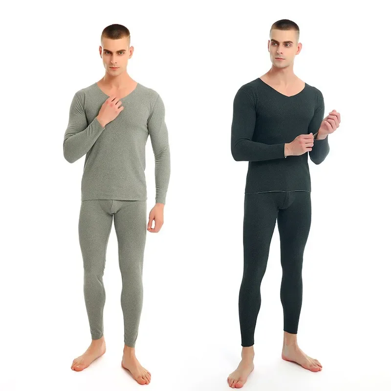 Thermal Underwear Set Winter Mens Soft Pajamas Keep Warm Solid Tops Pants Fleece Thermal Shirt Thick Long Johns Top Bottom Set