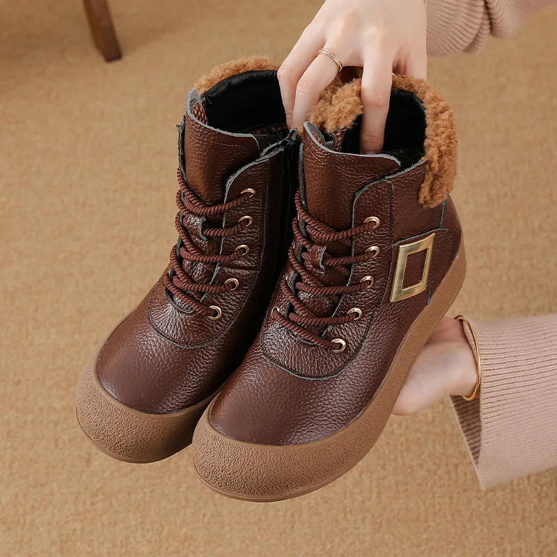 

New cool cowgirl boots women real leather plush shoes lace-up woman winter western metallic short boot ladies riding booties