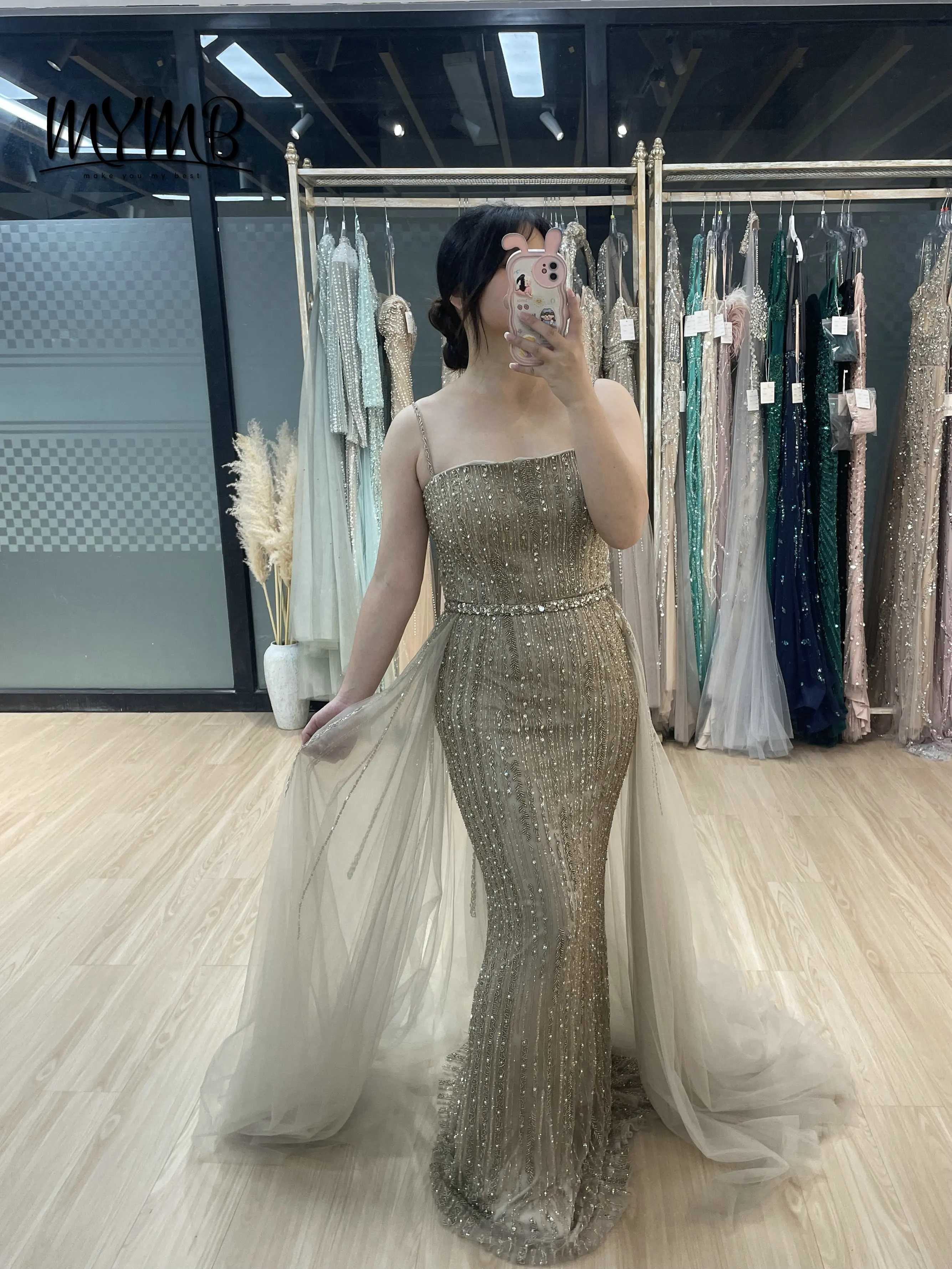 فستان سهرة فاخر أرجواني حورية البحر بدون أكتاف من MYMB مطرز بالريش مع قفازات لحفلات الزفاف للنساء الأنيقات MY30037