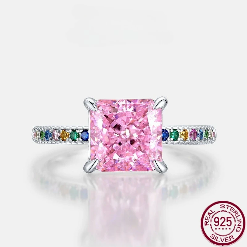

New S925 Pure Silver High Carbon Diamond Ring 8A Zirconia Square Ice Flower Cutting Color Treasure Ring Wedding Jewelry