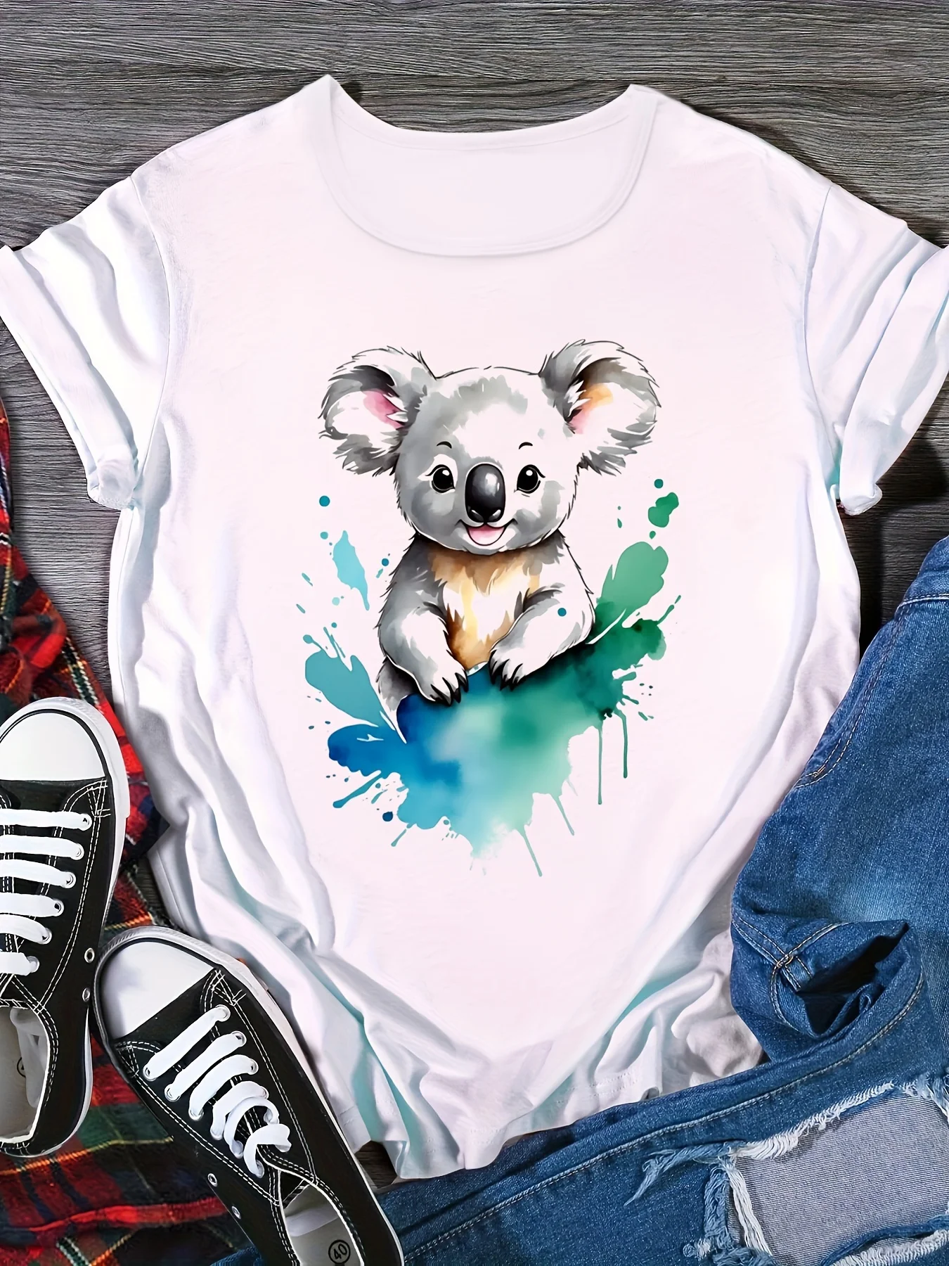 

Women's Adorable Koala Print T-Shirt - Casual Crew Neck Short Sleeve Soft Polyester Blend Machine Washable