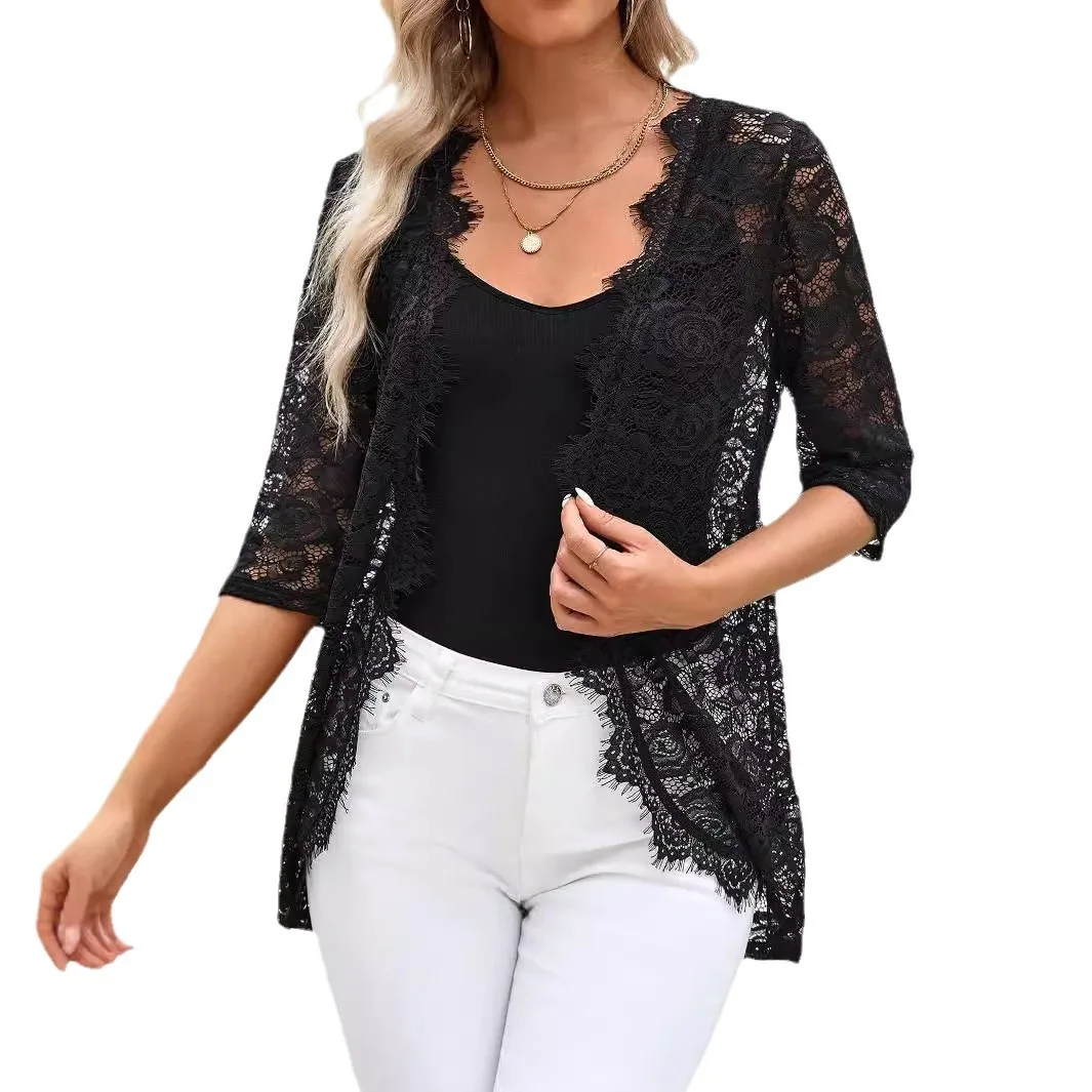 

Cross-border 2025 New Elegant Women's Cardigan Placket Splicing Fashion Lace Lace Jacket Top Cw97703