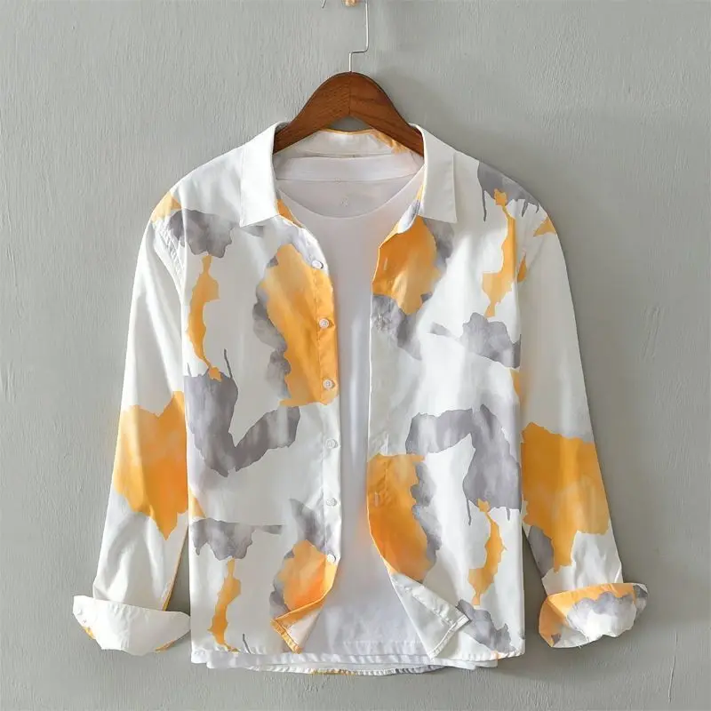 Весенние, осенние и летние мужские повседневные универсальные нишевые рубашки с принтом в корейском стиле, модные красивые рубашки в стиле ретро