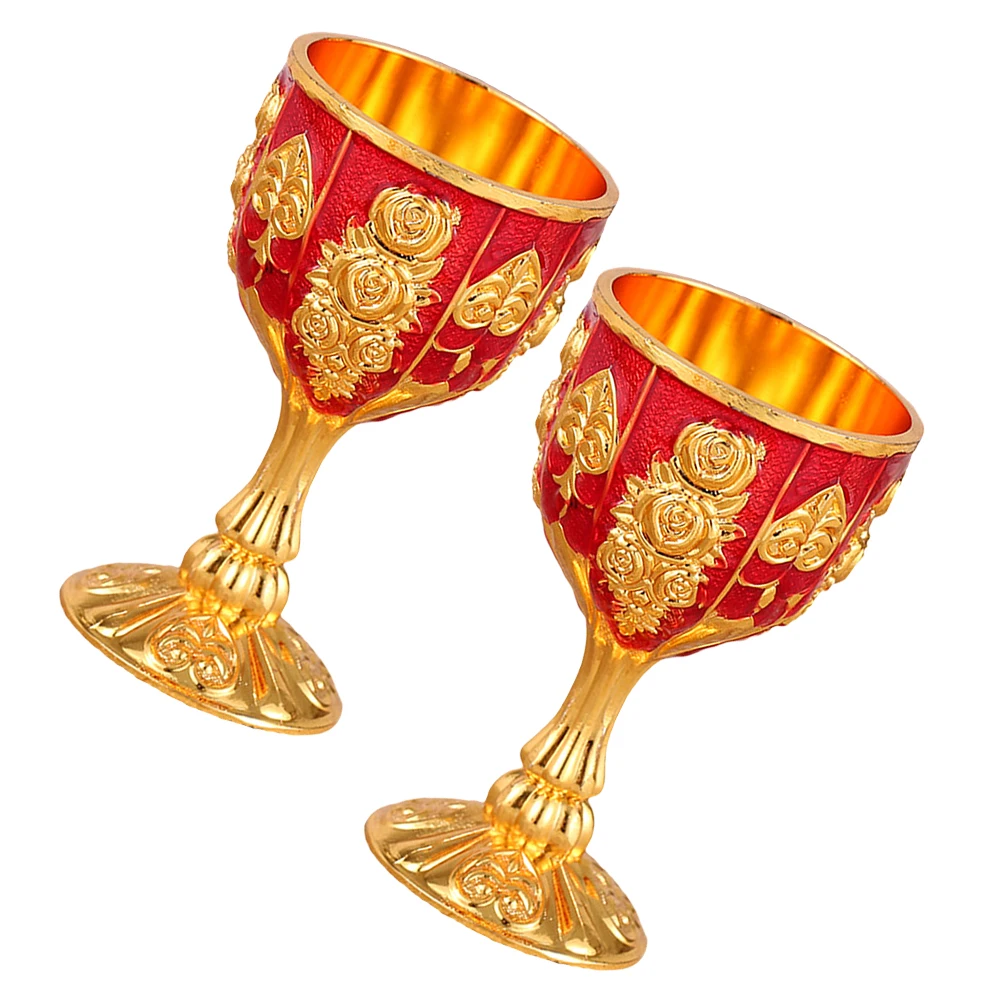 

2Pcs Red Glasses Metal Drink Cups Embossed Liquor Cup Household Tea Cup Camping Glass Reusable Small Drink CupVintage
