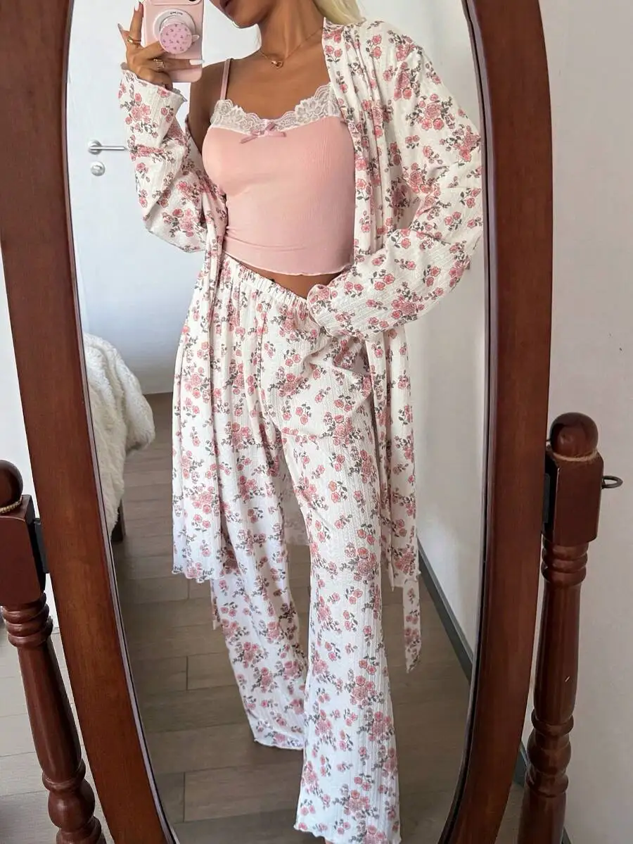 

3-Piece Floral Print Robe Set: Long Sleeve Jacket, Lace Trim Camisole With Bow, Wide Leg Lounge Pants