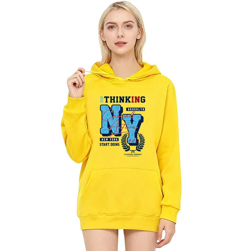 Felpa con cappuccio grafica con stampa di lettere NY da donna, vestibilità ampia, in poliestere, leggera, primavera autunno