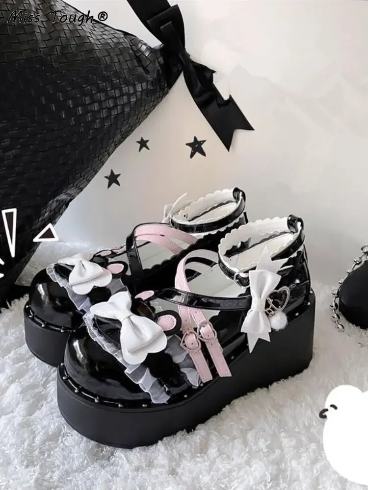 Lolita Sweet Sandals Women Japanese Style Bow Lace Kawaii Mary Janes Shoes Buckle Design Round Toe Casual platform Shoes 2022