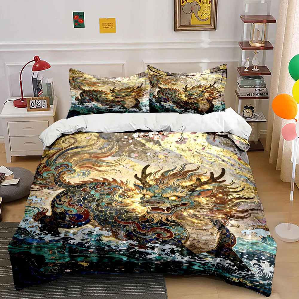 

Magnificent Golden Kirin in waves Printed Duvet Cover Set1 Duvet Cover+2 PillowcaseMulti Size Bedroom Bedding Decor