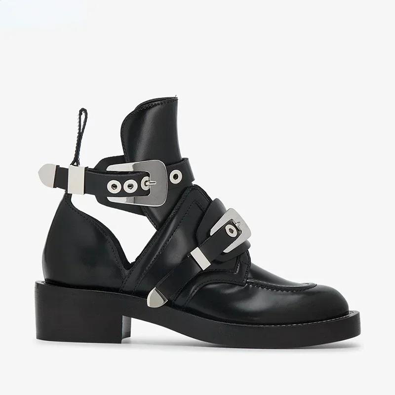 

Women Boots Fashion Silver Gold Buckle Strap Women Boots Double Buckle Ankle Boots Street Style Punk Ladies Shoes