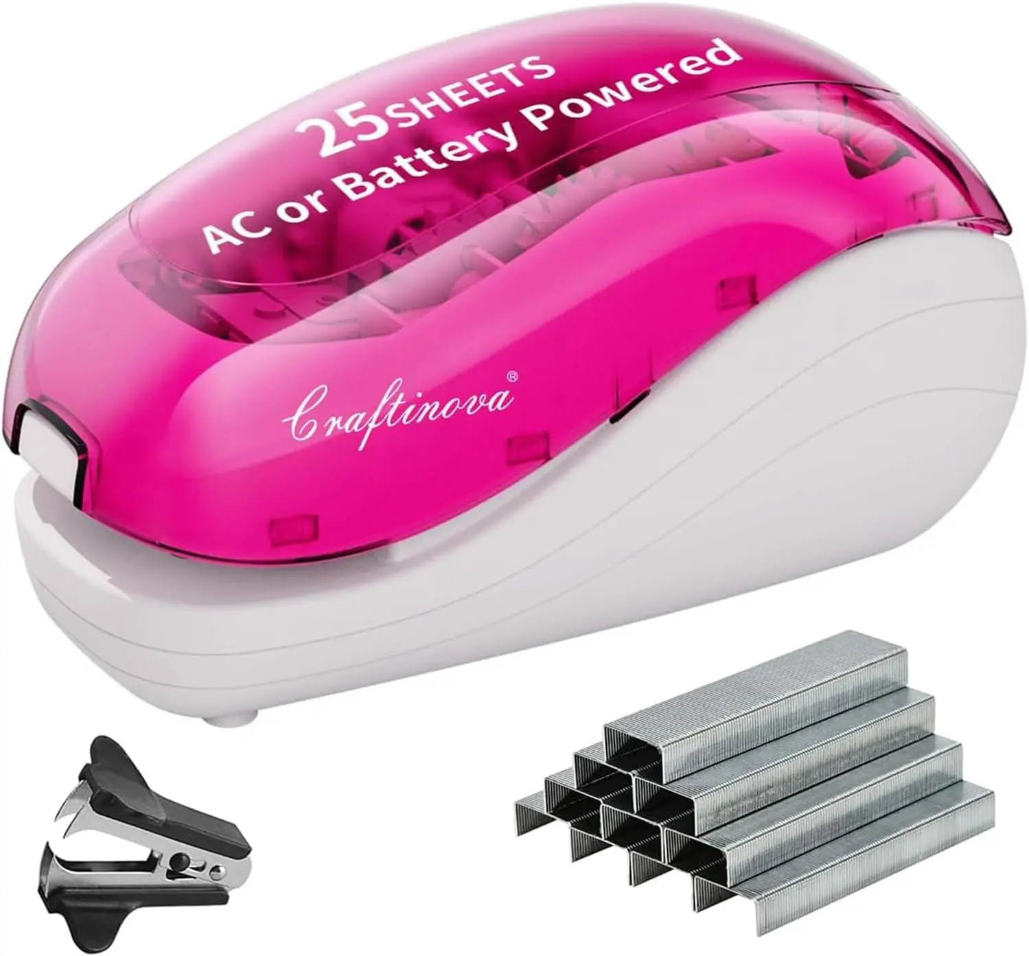 

Electric Stapler Pink, 25 Sheet Capacity, AC Adapter or Battery Powered, Includes 2000 Staples & Staple Remover