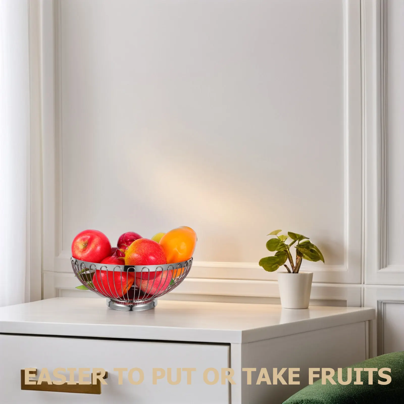 Large Round Wire Fruit Basket Stainless Steel Deep Wide Open Design Non Slip Bottom for Apples Oranges Bananas Eggs Snacks Bread