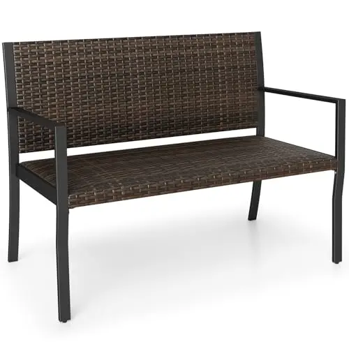 Wicker Outdoor Bench with Soft Sponge Seat, 800 LBS Patio Loveseat with Heavy Duty Metal Frame, PE Rattan 2-Person