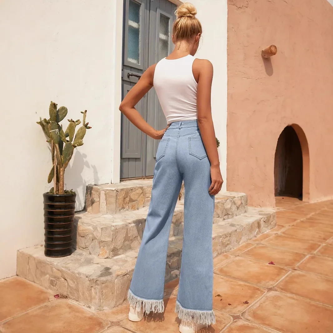 여성 스트릿웨어 플레어 팬츠 하이웨이스트 포켓 버튼 베이직 앵클 기장 트라우저 2025 캐주얼 빈티지 데님