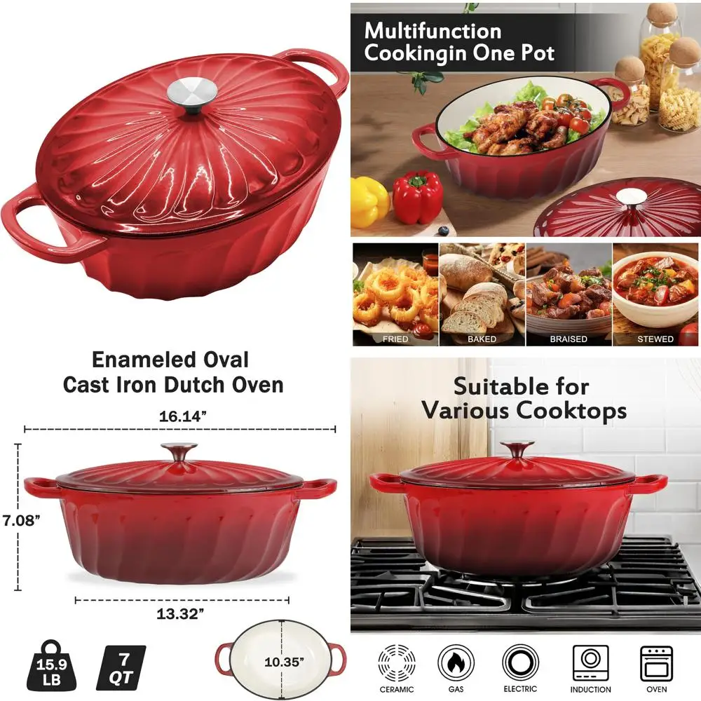 

Non-stick 7-Quart Cast Iron Dutch Oven with Dual Handles for Cooking, Baking, and Frying - Perfect for Bread and More