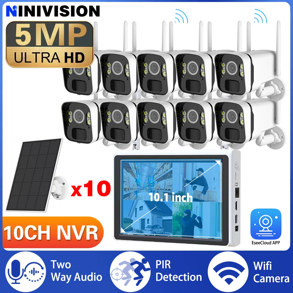 

10CH 5MP NVR Wireless Solar Panel Battery WIFI Camera 10.1Inch NVR Video Surveillance Security System PIR Detection Baby Monitor