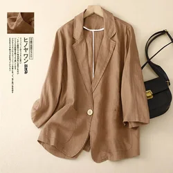 Blazer in lino di cotone per donna capispalla Vintage a maniche lunghe in stile coreano Casual cappotti con colletto su misura di media lunghezza top da donna