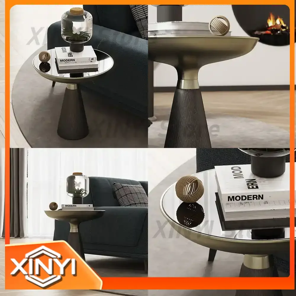 Minimalist Vintage Glass Side Table for 2I Italian Style Round Small Coffee Table with Solid Wood Frame