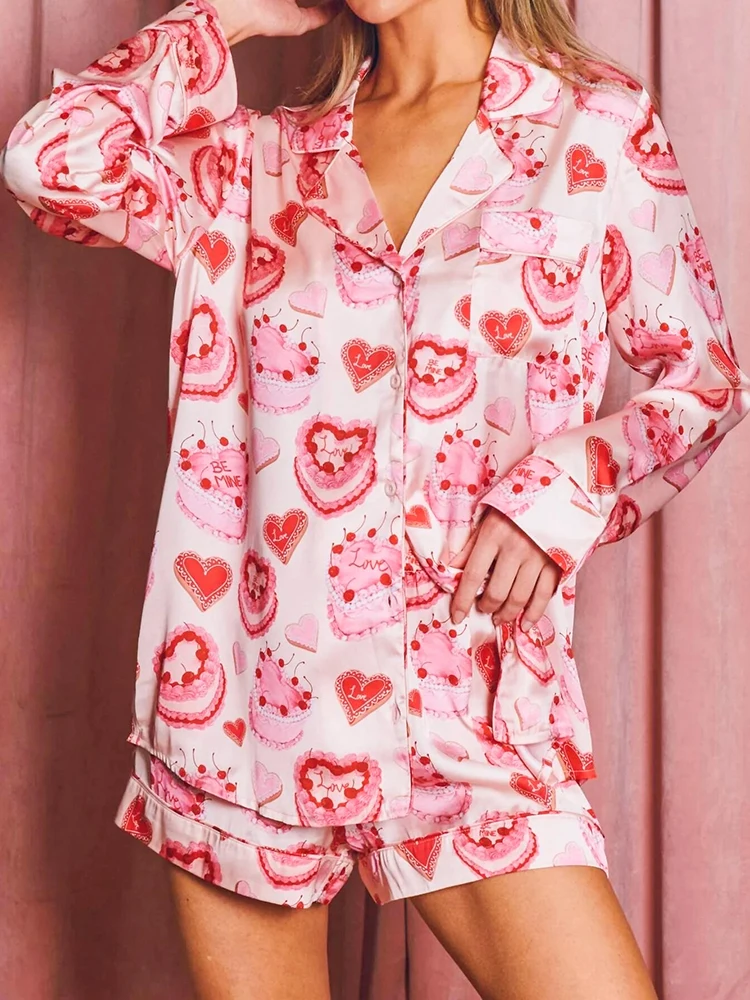 

Hiloc Funny Cake Pink Summer Woman Pajama Set Long Sleeve Lapel Pocket Top Home Clothes Woven Thin Casual Lace-Up Shorts 2 Piece