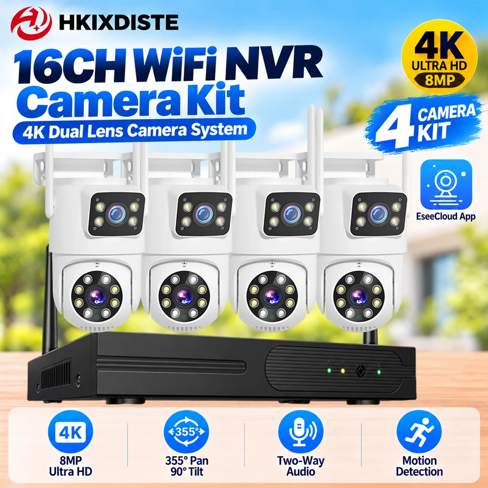 8MP 4K 16CH Wi-Fi NVR CCTV System 4 Dual Lens PTZ Security IP Cameras 355° Pan 90° Tilt Two Way Audio Motion Detection EseeCloud