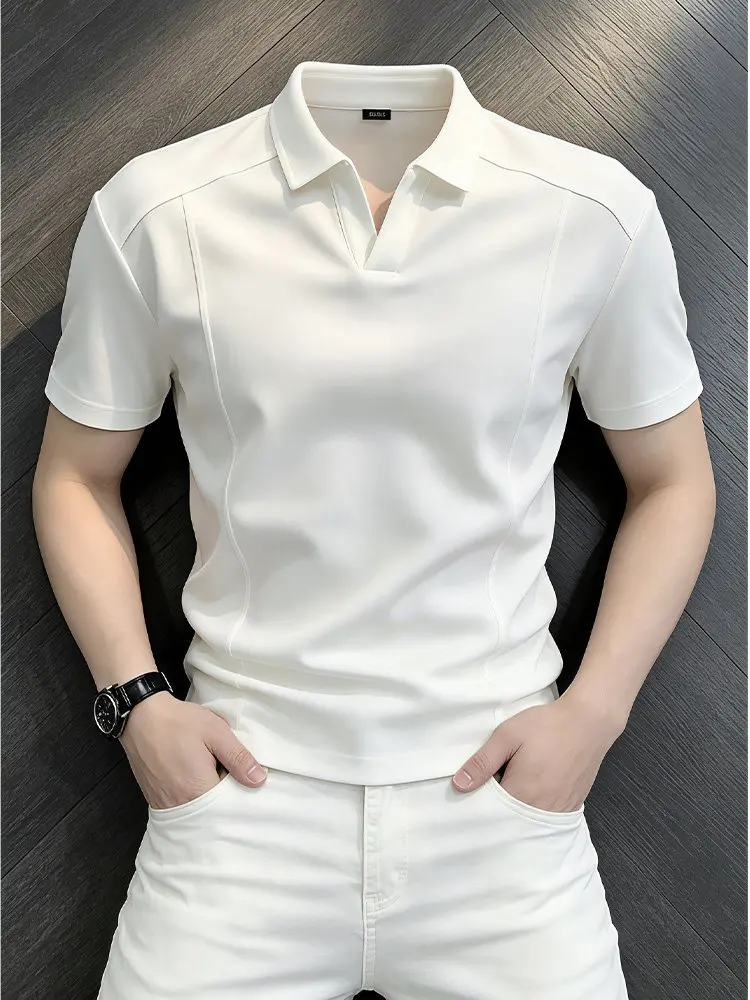 White Seagull Collar  Shirt Short Sleeve Men's Summer Deconstructed Patchwork Turn-down T-shirt CleanFit Shoulder-Length ...