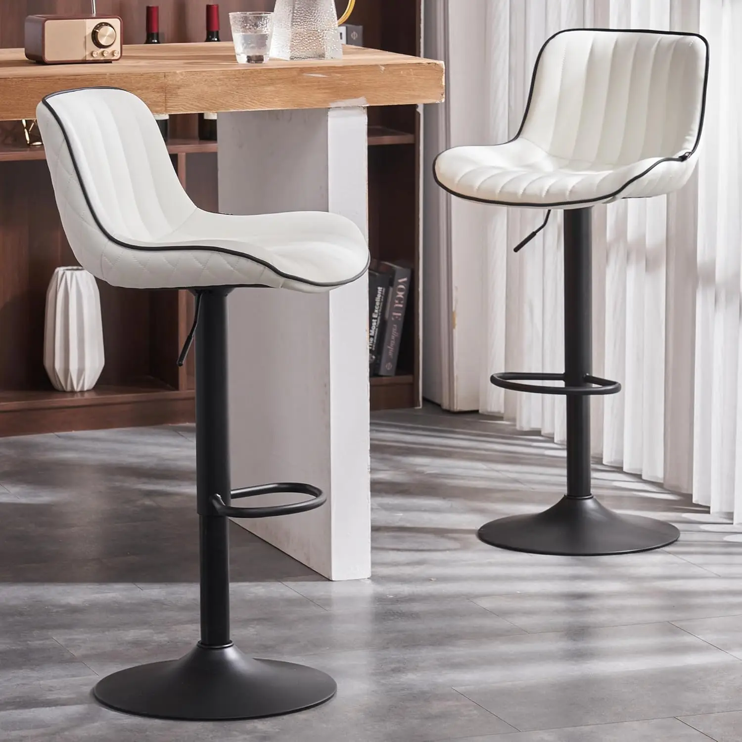 

Bar Stools Set of 2 White Counter Height Barstools with Backs Swivel High Faux Leather Kitchen Island Bar Chair